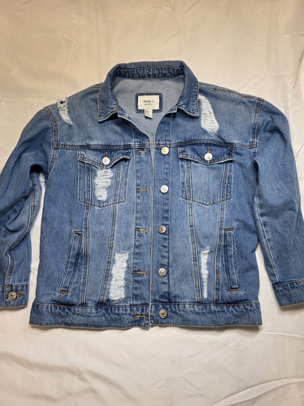 Forever 21 Distressed Medium Blue Denim Jacket Oversized Women's Size Small